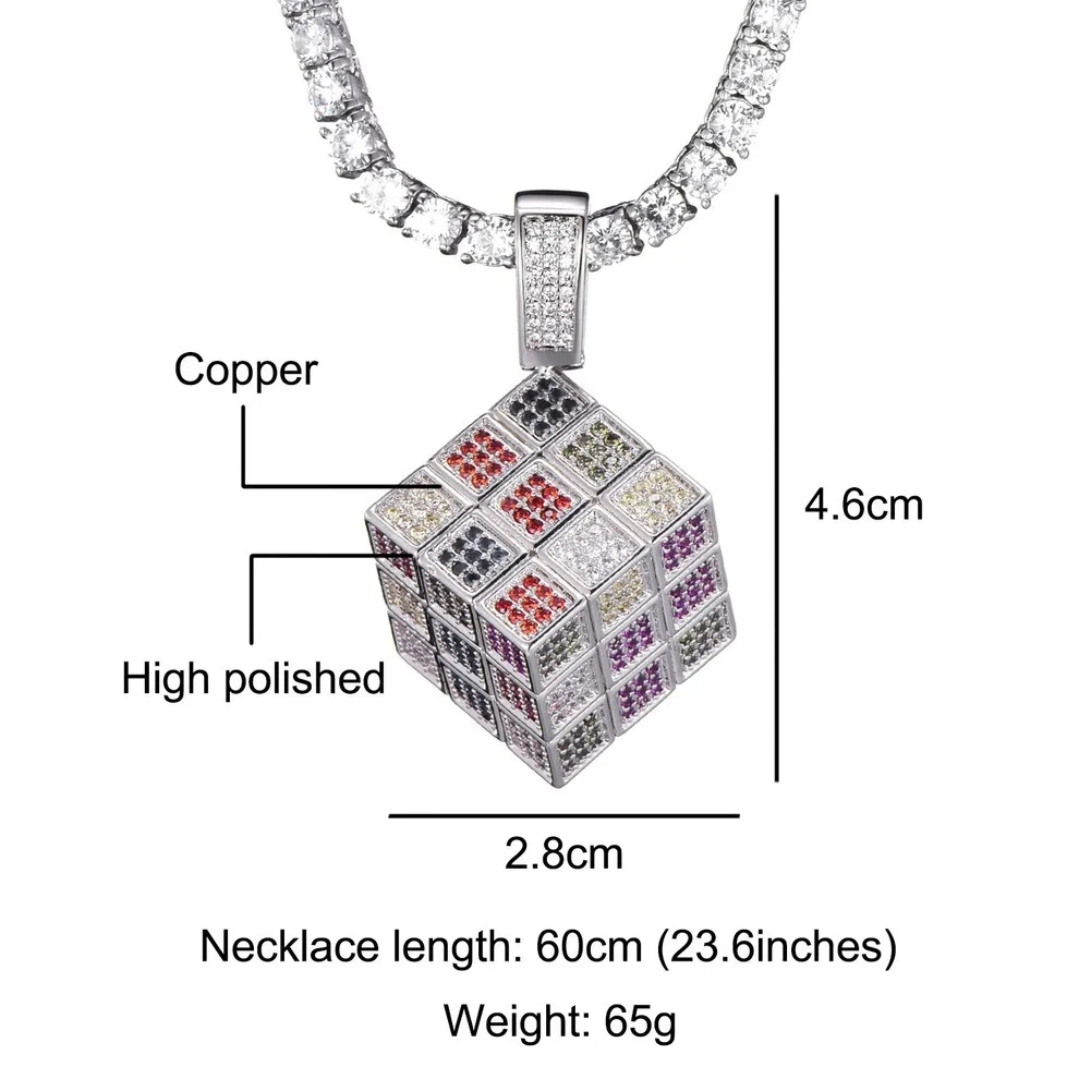 Bling Bling Rubik's Cube Necklace & Pendant Gold Silver Color Cubic Zircon Men's Women Hip Hop Jewelry for Gift