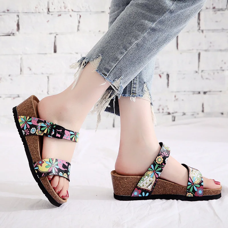 Summer Wedge Slippers Female Cork Slippers Plus Size 41 42 Thick Bottom Female Sea Beach Shoes