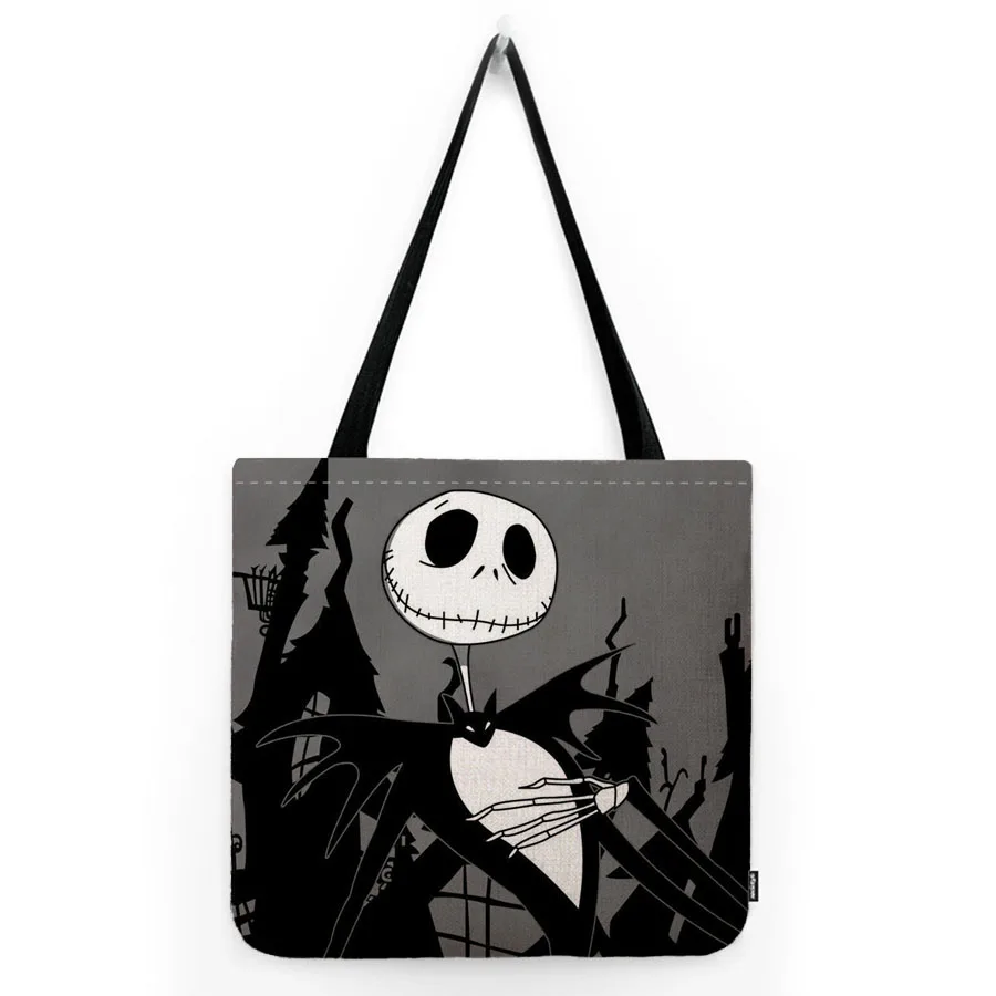 Halloween raccecciante teschio Jack Sally Nightmare natale cartone animato borsa a tracolla pieghevole in lino borsa a tracolla borsa Shopper