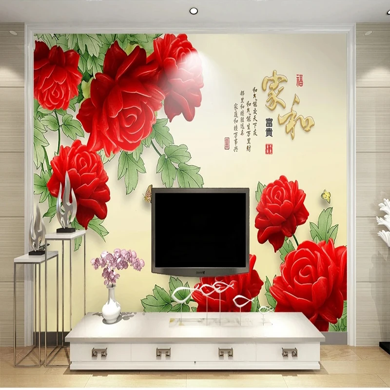 Custom Mural Wallpaper 3D New Chinese Classical Relief Peony Flower TV Background Wall Decoration Painting Papel De Parede Fres