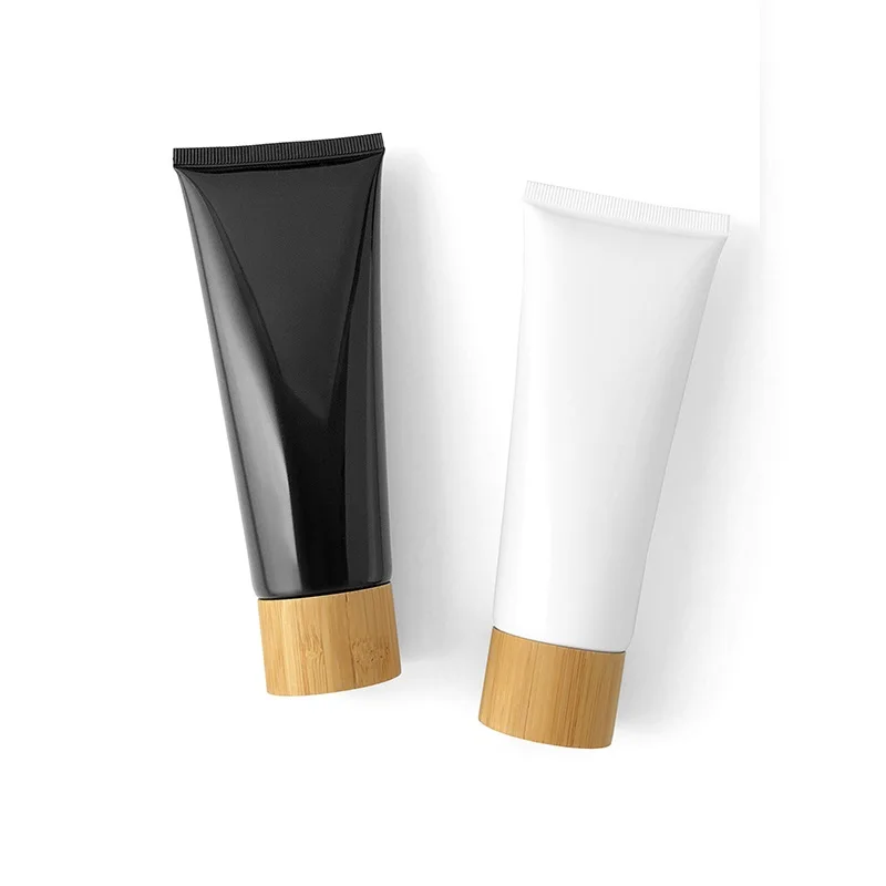 30Pcs Plastic Soft Squeeze Tube Bamboo Wood Lid Empty White Black Cosmetic Packaging Refillable Bottle 50ML 60ML 80ML 100ML