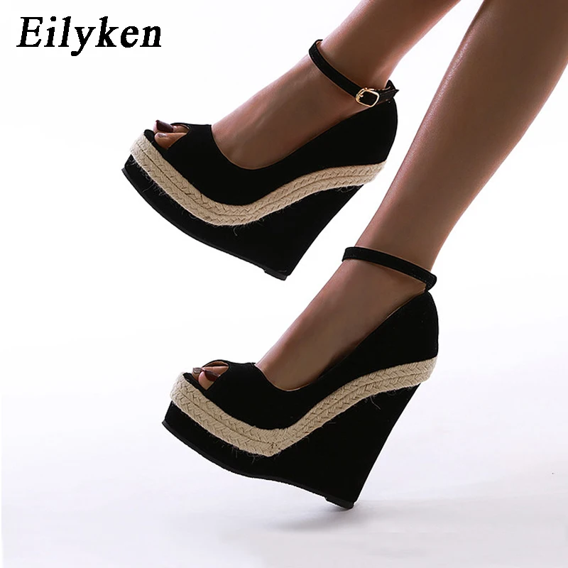 Eilyken Platform Sandals Women High Quality Flock Fabric Peep Toe Fashion Buckle Strap Wedge Heels Dress Ladies Shoes