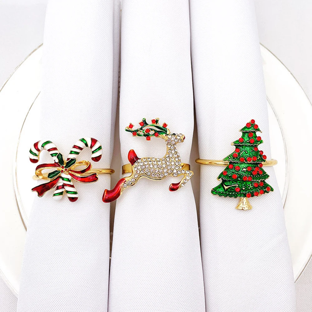 2024 Metal Christmas Napkin Rings Bow Flower Wreath Napkin Buckle Holders Ring Bell Elk Santa Home Table Xmas Decoration New