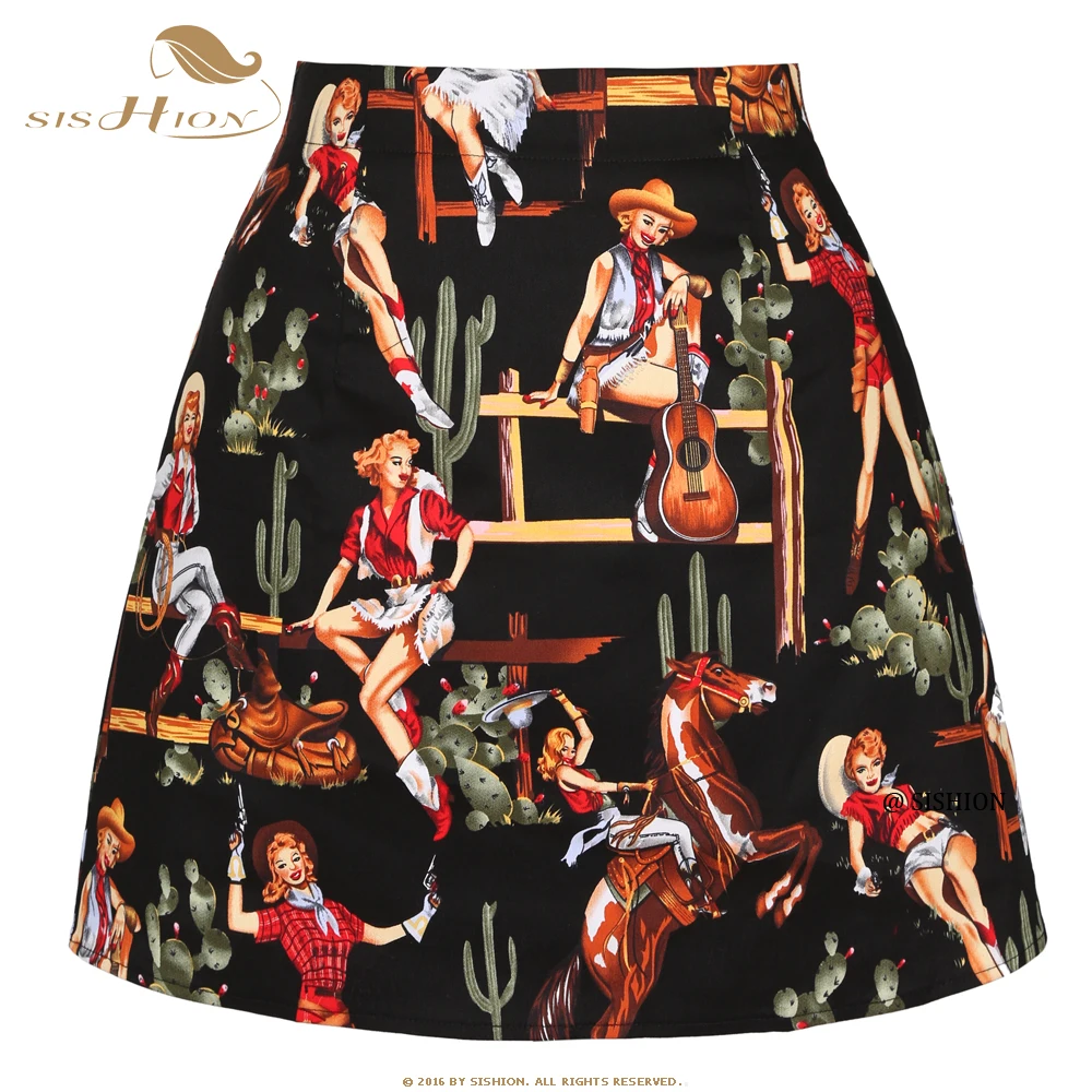 

SISHION Black Cowgirl Print Cotton Retro Vintage Skirt SS0008 2023 Summer High Waist Women Sexy Short Mini Skirt