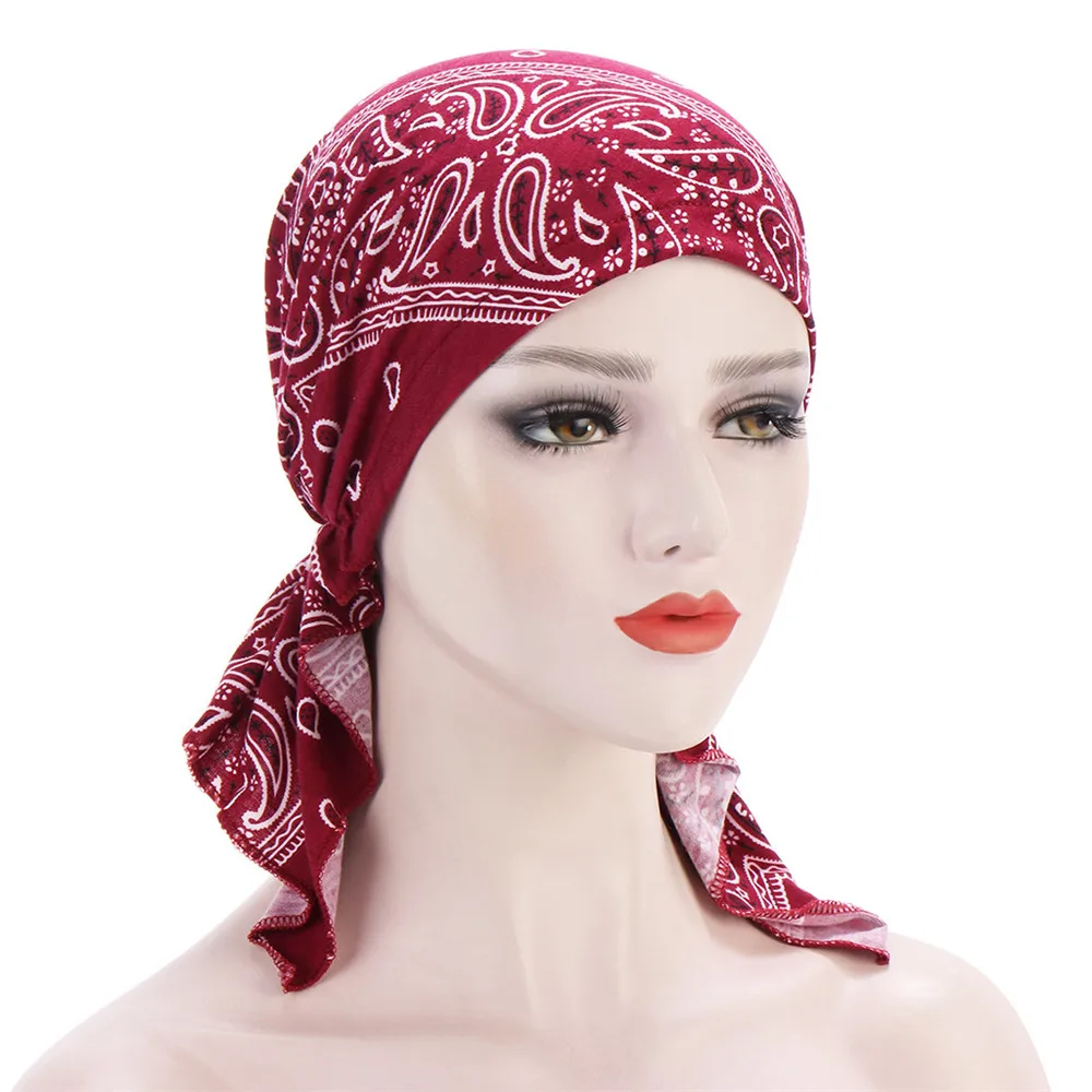 Women Muslim Print Pre-Tied Hijab Chemo Cap Inner Hats Elastic Cancer Beanies Bandana Hair Loss Underscarf Headwrap Scarf Turban