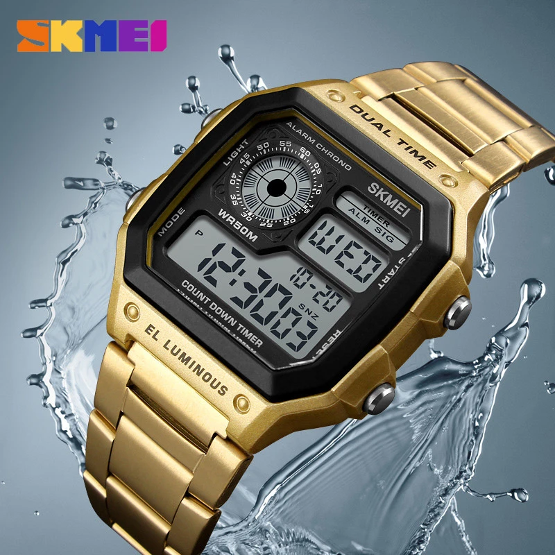 SKMEI Fashion Watches for Men Golden Stainless Steel Waterproof  Wristwatches Male Square Multifunctional Back Light Clock