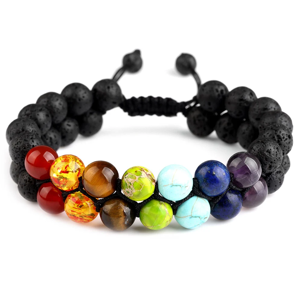 Natural Bead Bracelets Handmade Braided Double 8mm Onyx Lava White Howlite Adjustable 7 Colors Energy Beaded Men Bracelet