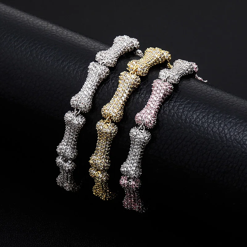 Hip Hop Full AAA Cubic Zirconia Paved Bling Iced Out Bone Stick Link Chain Bangles Bracelets for Women Men Unisex Rapper Jewelry
