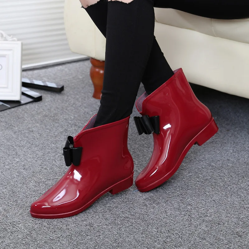 Women Flower Bowtie Ankle Boot Winter Rain Boots Female Waterproof Solid Rubber Platform Rain Shoes Ladies Footwear YYJ103