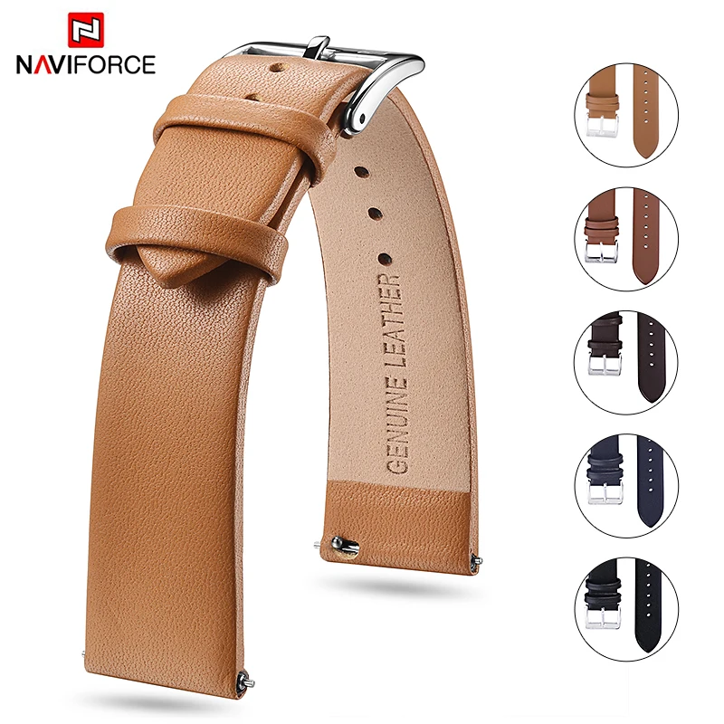 NAVIFORCE Genuine Leather Watchbands with Stainless Steel Buckle 20mm Black Brown Blue Men Watchband Quick Release Strap Belt