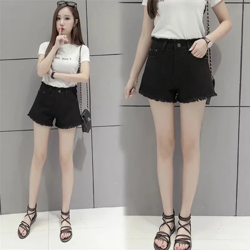 

Denim shorts women Loose street wear black Ruffles Solid high waist shorts jean clothes women summer