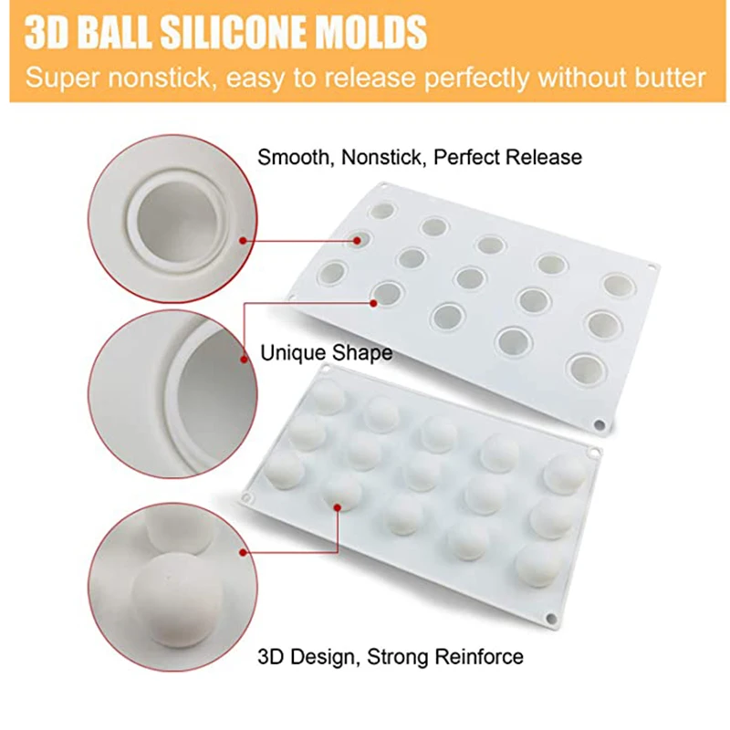 15 Cavity Round Silicone Mold Sphere Mousse Cake Mould Pastry Chocolate Truffle 3D Ball Candy Cupcake Topper Decorating Tools