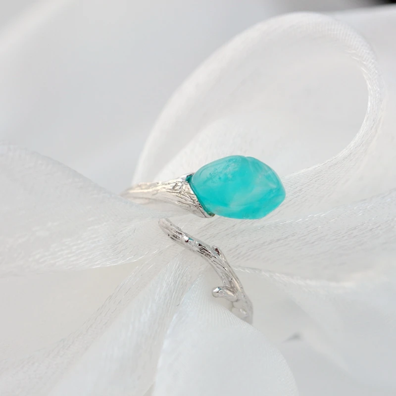 Real 925 Sterling Silver Fine Jewelry Inlaid Natural Amazonite Tide Fashion Creative Twig Bud Women Opening Adjustable Ring