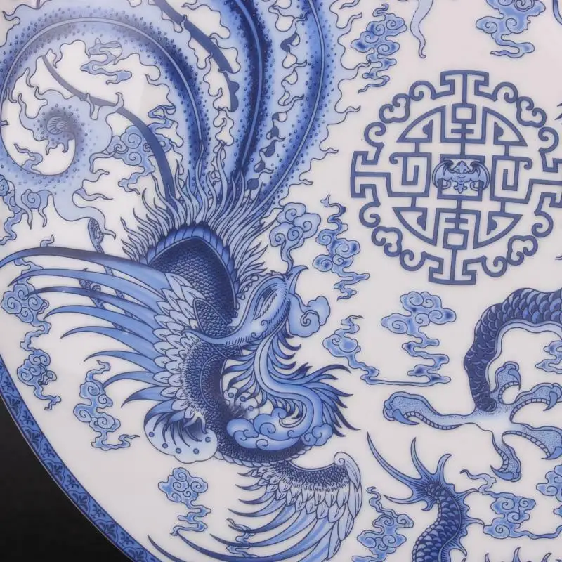 Chinese Style Blue and White Porcelain Dragon Phoenix Design Plate 10.23\