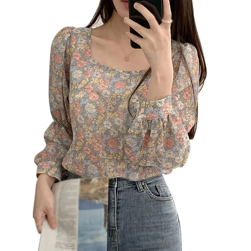 Women\'s Floral Shirt Korean Style Square Collar Sexy Sweet Long Sleeves Chiffon Blouse Tops