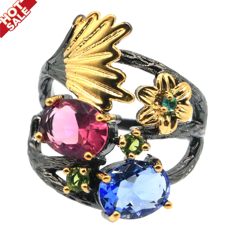 

Buy 4 Get 1 Free 25x20mm Neo-Gothic 6.2g Tourmaline Tanzanite Peridot Blue Turquoise Black Gold Silver Rings Eye Catching