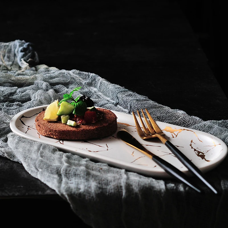 Nordic Marmoriert Keramik Oval Platte Westlichen Gericht Dessert Platte Schmuck Ablage Geschirr Zubehör Sushi Meeresfrüchte Gericht