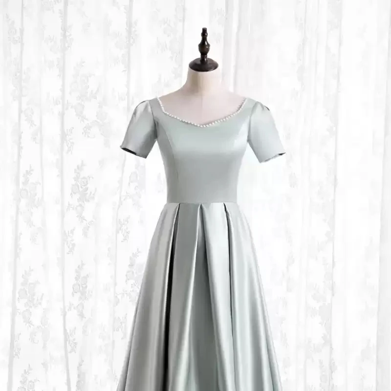 New Pearls O-Neck Evening Dress Elegant Short Sleeves Ruched Floor-Length Zipper Back A-Line Simple Party Formal Gown Woman B660