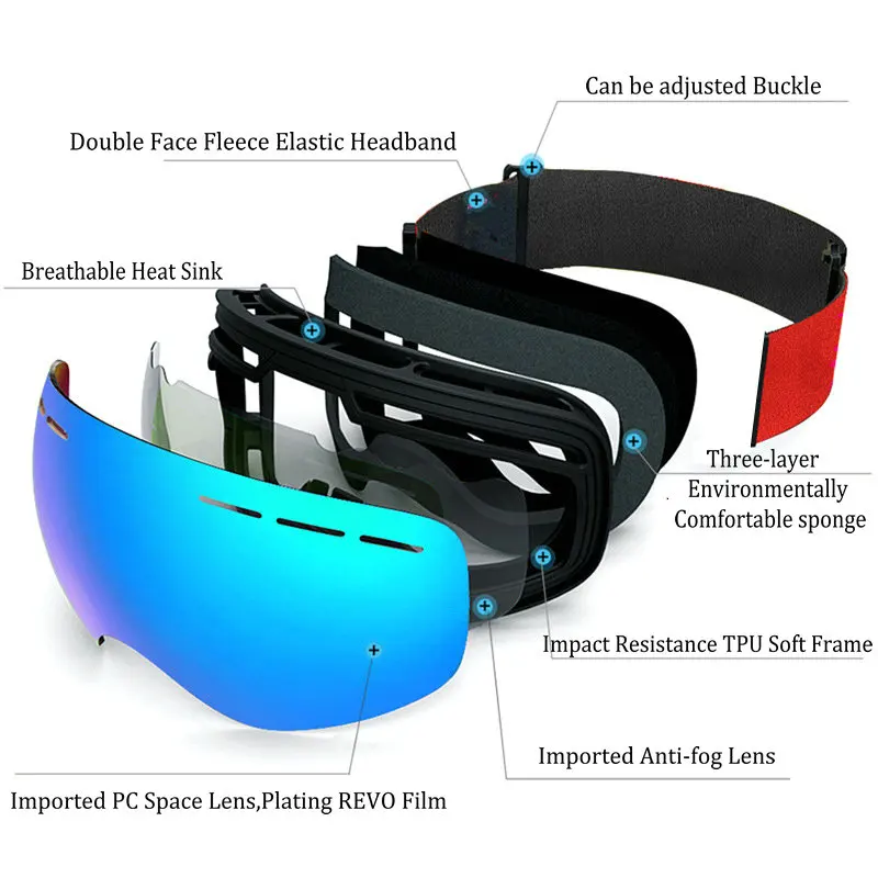 Gogle narciarskie snowboardowe dla mężczyzn i kobiet, wiatroszczelne okulary narciarskie, dwuwarstwowe, okulary z maską przeciwmgielną, sport zimowy