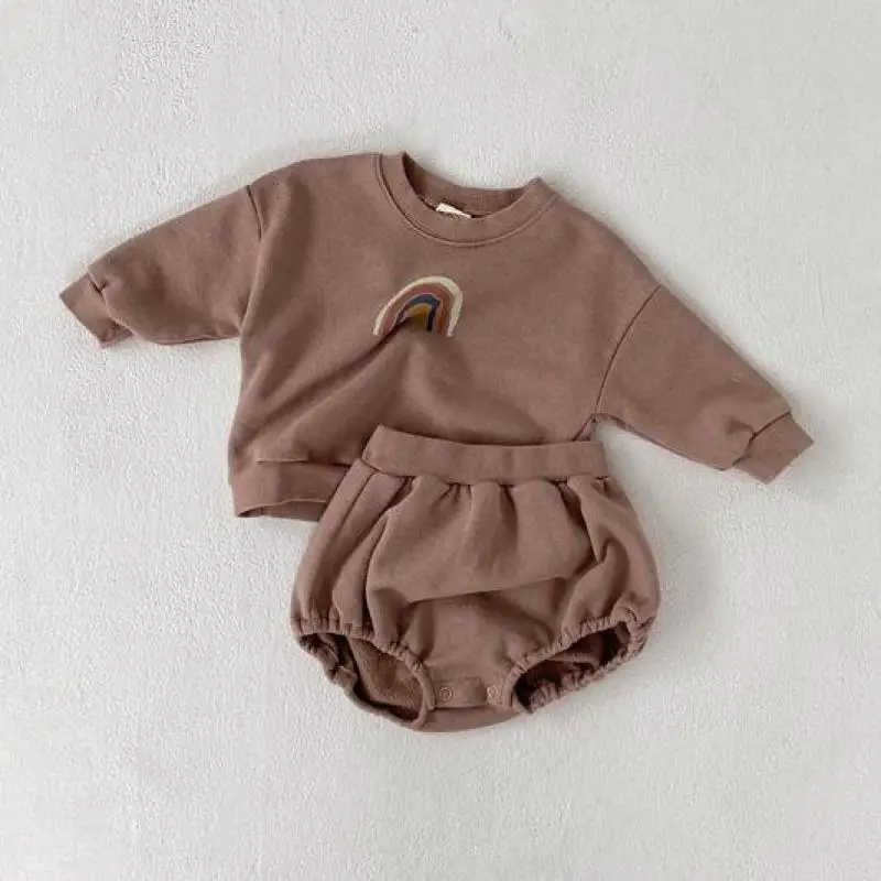 Baby Boys And Girls Rainbow Clothing Set Kids Casual Long Sleeve Rainbow Pullover Sweatshirt Tops + Shorts Children Clothes Set