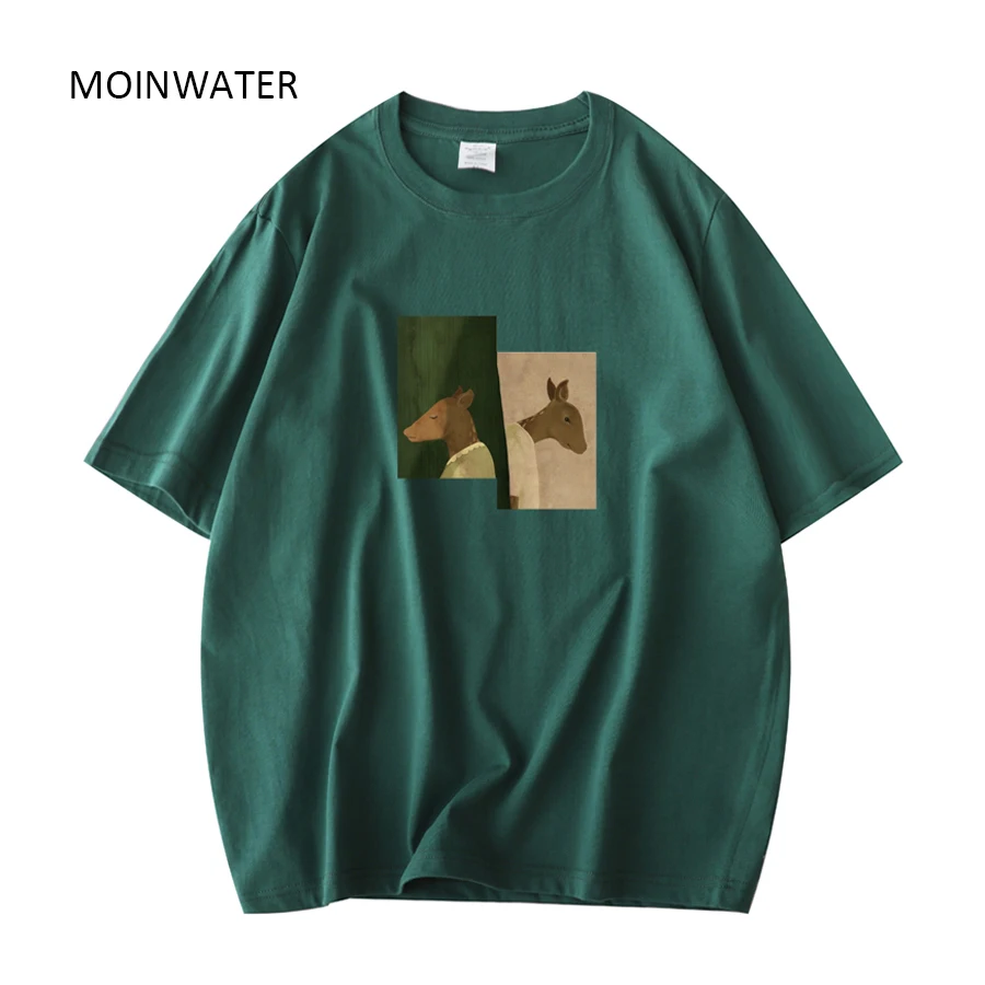 MOINWATER Women New Summer Short Sleeve T shirts Lady Deer Pattern Green Tees Female Khaki T-shirt Tops MT21041