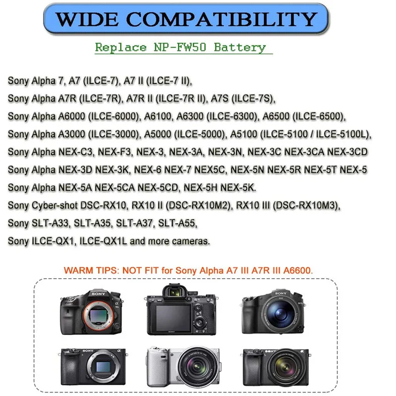 AC-PW20 DC Coupler NP-FW50 Dummy Battery Replace NP-FW50 Battery for Sony Alpha A7 A7II A7S A7R A6300 A6500 Camera