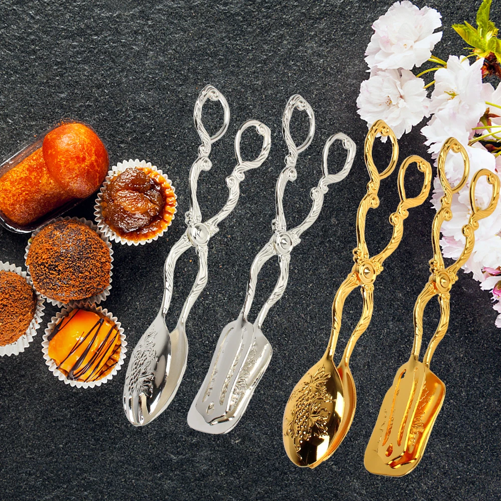 Pinzas para comida Buffet, herramienta para hornear, barbacoa, Snack, pastel, Estilo Vintage, chapado en oro, ensalada de frutas, pastel, abrazadera de pastelería