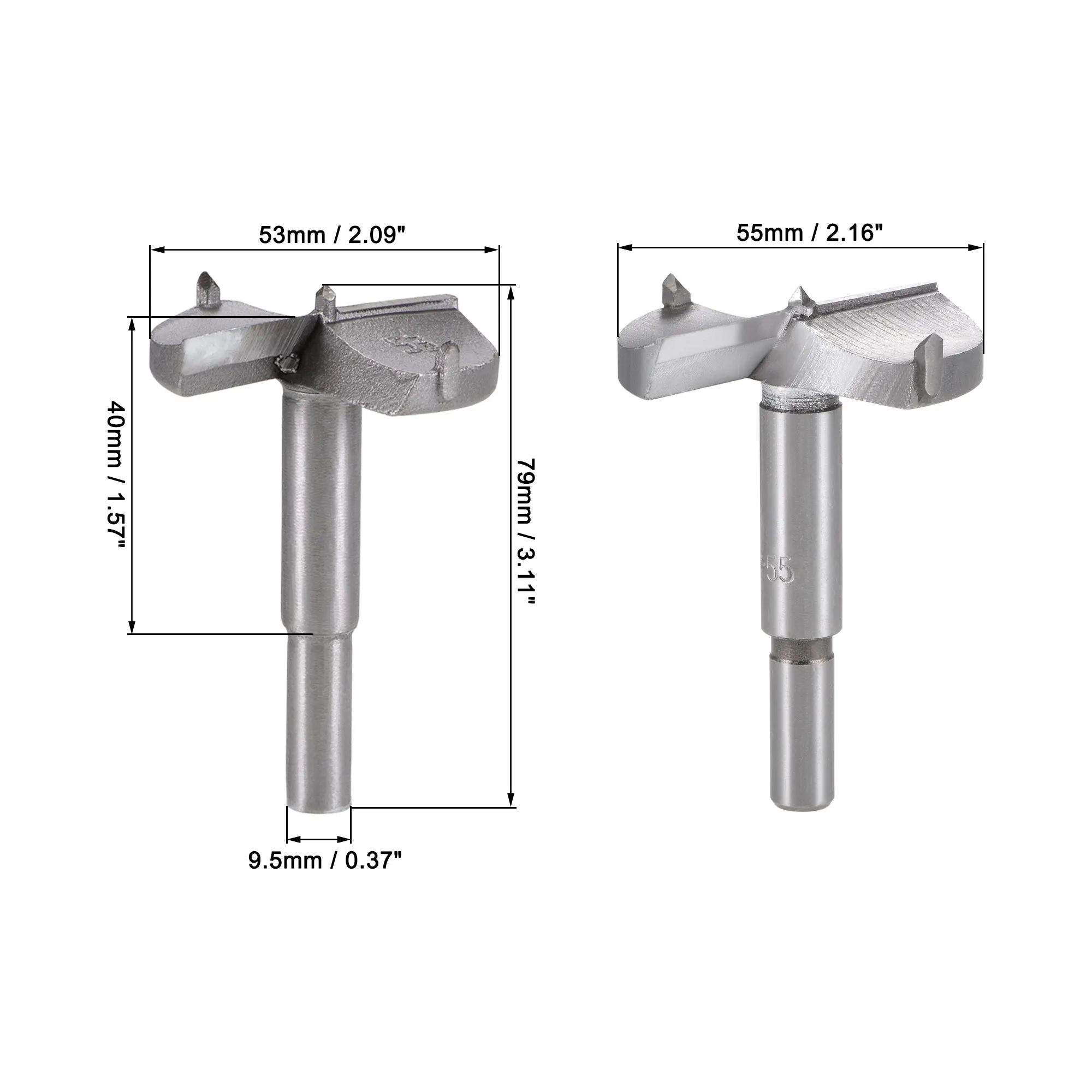 Forstner Madeira Boring Brocas, 53mm, 55mm Diâmetro Carbide Alloy Steel Hole Saw, Rodada Haste, Madeira Ferramenta De Corte, Dobradiça, Madeira Compensada, Dica