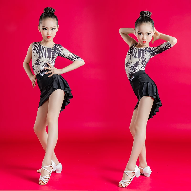 

2022 New Gray-Striped Children's Latin Dance Performance Clothing Girls Group Performance Clothing Practice Clothing Suit Summer