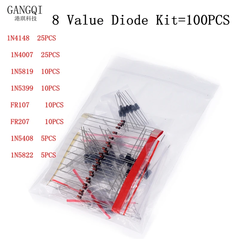 Diode Kit 1N4007 DIODE 1N4148 1N5819 1N5399 1N5408 1N5822 FR107 FR207 8 value=100pcs