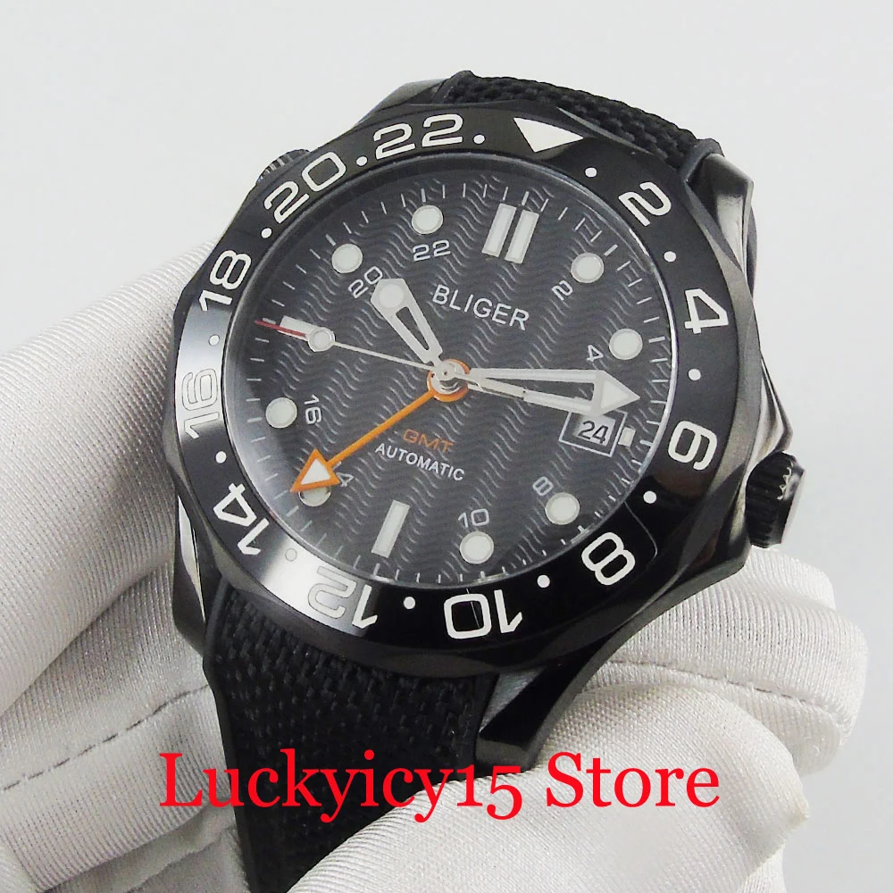 BLIGER PVD Case 41mm NH34 MINGZHU 3804 Self Winding Men Watch Sapphire Glass GMT Function Date Window Ceramic Bezel Rubber Strap