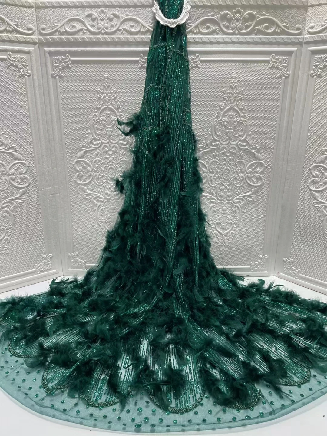 Luxury  Hot Selling African Shinny Glitter Feather Fabric Pretty Design JRB-17.42806 Embroidered Tulle Mesh for Party Dress