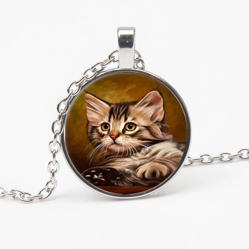 Cute Unique Necklace Glass Cabochon Bronze Chain Necklace Black Cat Picture Retro Pendant Necklace Woman Sweater Choker