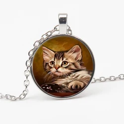 Cute Unique Necklace Glass Cabochon Bronze Chain Necklace Black Cat Picture Retro Pendant Necklace Woman Sweater Choker