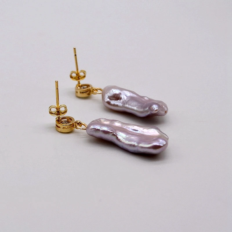 Real Baroque Earrings Rectangle Purple Natural Freshwater Pearl Cubic Zirconia Gold Plated Women Earrings Fashion Jewelry