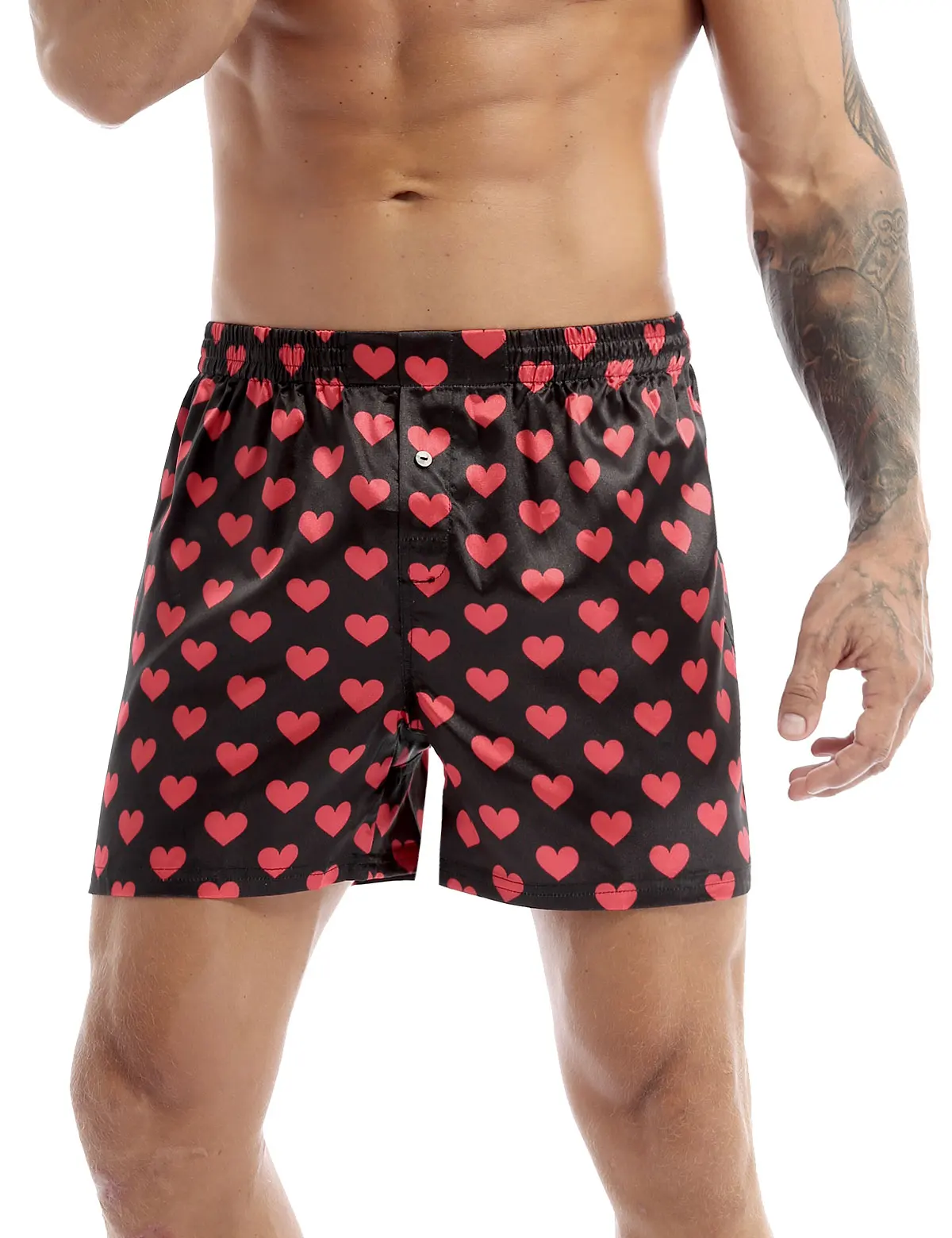 MMen boxer in raso di seta pantaloncini pigiama Summer Lounge pantaloni da notte Casual allentati intimo Love Heart Print