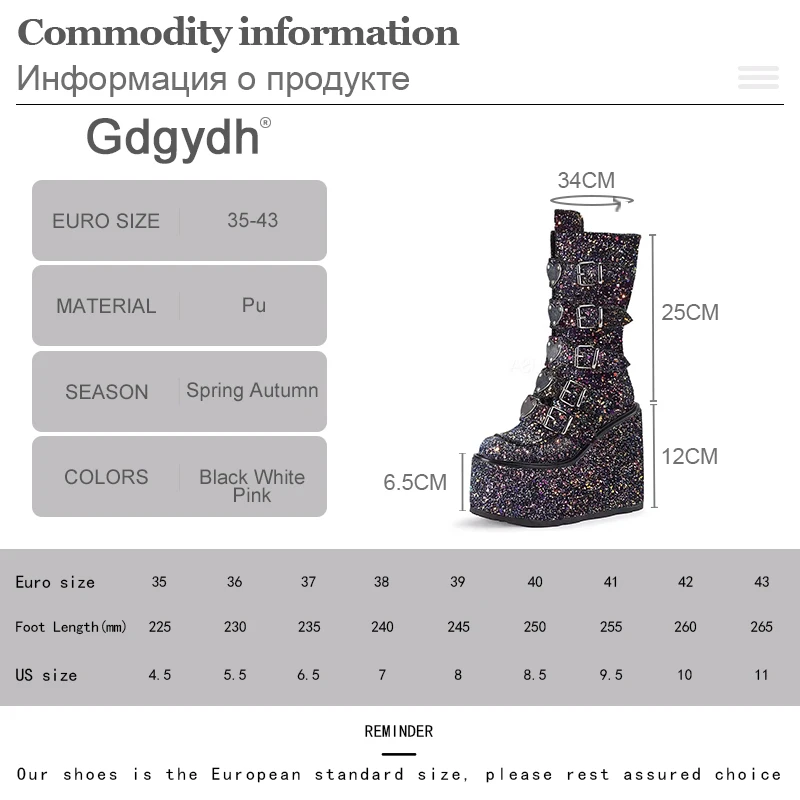 Gdgydh Female Wedges High Heels Boots Heart Shape Lovely Platform Combat Women Boots Sequins Glitter Punk Cool Winter Shoes Lady