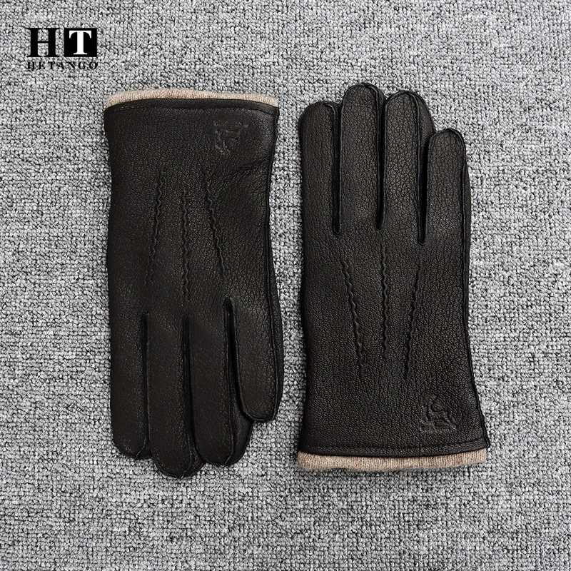 New men\'s winter gloves deerskin warm soft external suture outdoor black wave pattern high quality cold gloves wool lining