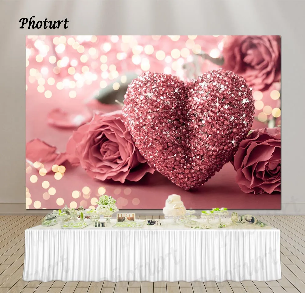 PHOTURT Heart Shaped Sequin Backdrop Birthday Wedding Party Photo Background Pink Glitter Banner Vinyl Photography Props