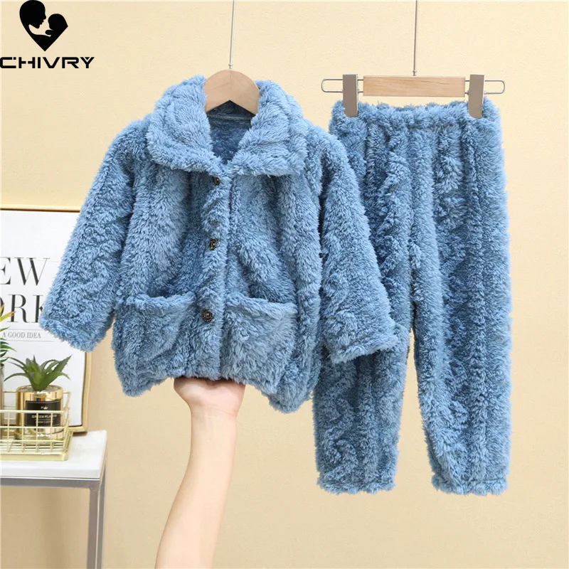 

Kids Boys Girls Autumn Winter Flannel Pajama Sets Fashion Solid Long Sleeve Lapel Tops with Pants Baby Sleeping Clothing Sets