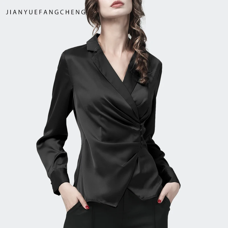 Office Ladies Suit Collar Long Sleeve Shirt Women Autumn New Satin Tunic Tops Blouse Slim V-Neck Elegant Olive Green Shirts