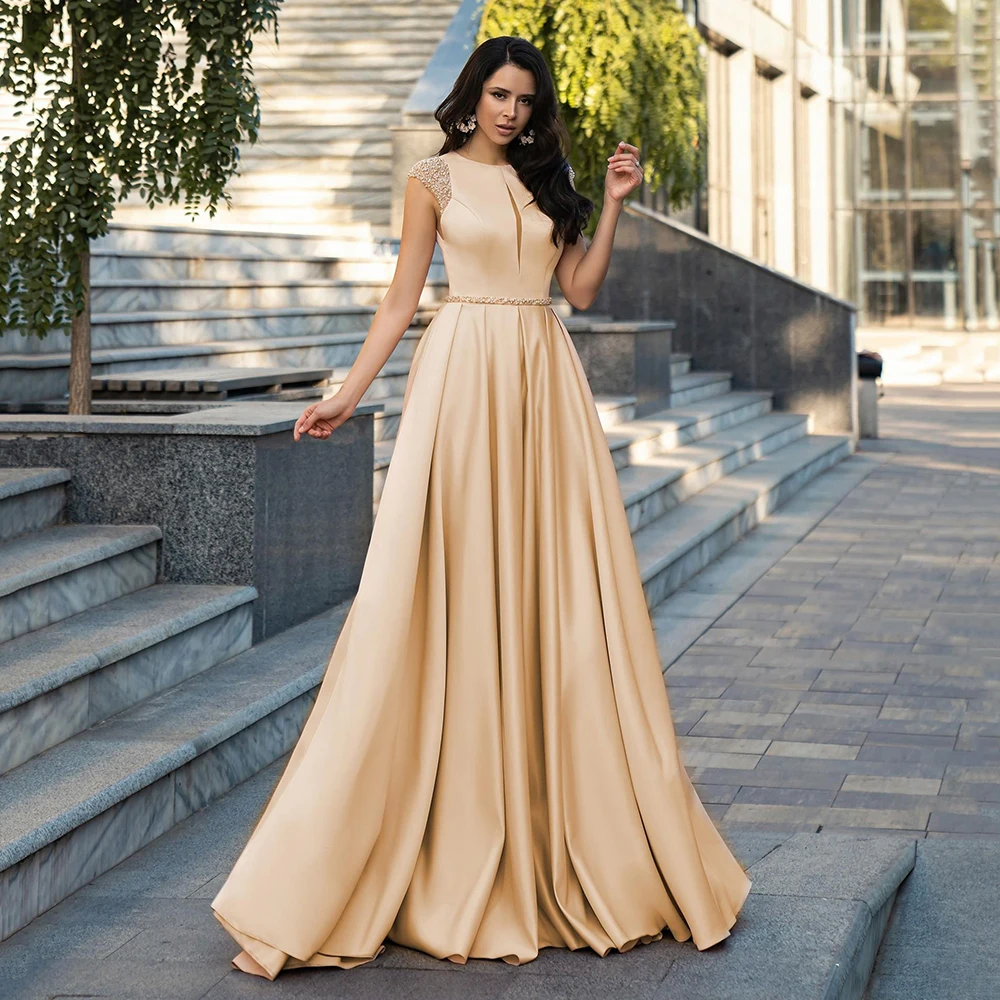 Elegancka linia satynowa dubaj suknia O-Neck rękawy Cap frezowanie Prom suknia wieczorowa Vestidos De Noche Robe De Soiree