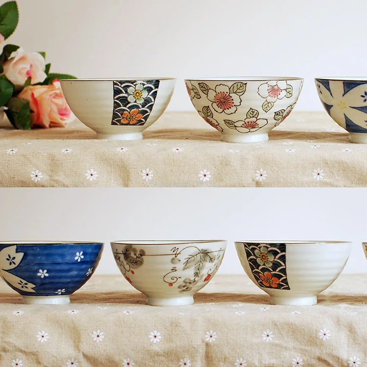Japanese Style High Temperature Underglaze Ceramic Tableware 4.25 Inch Rice Bowl High Quality Ceramic Threaded Bowl