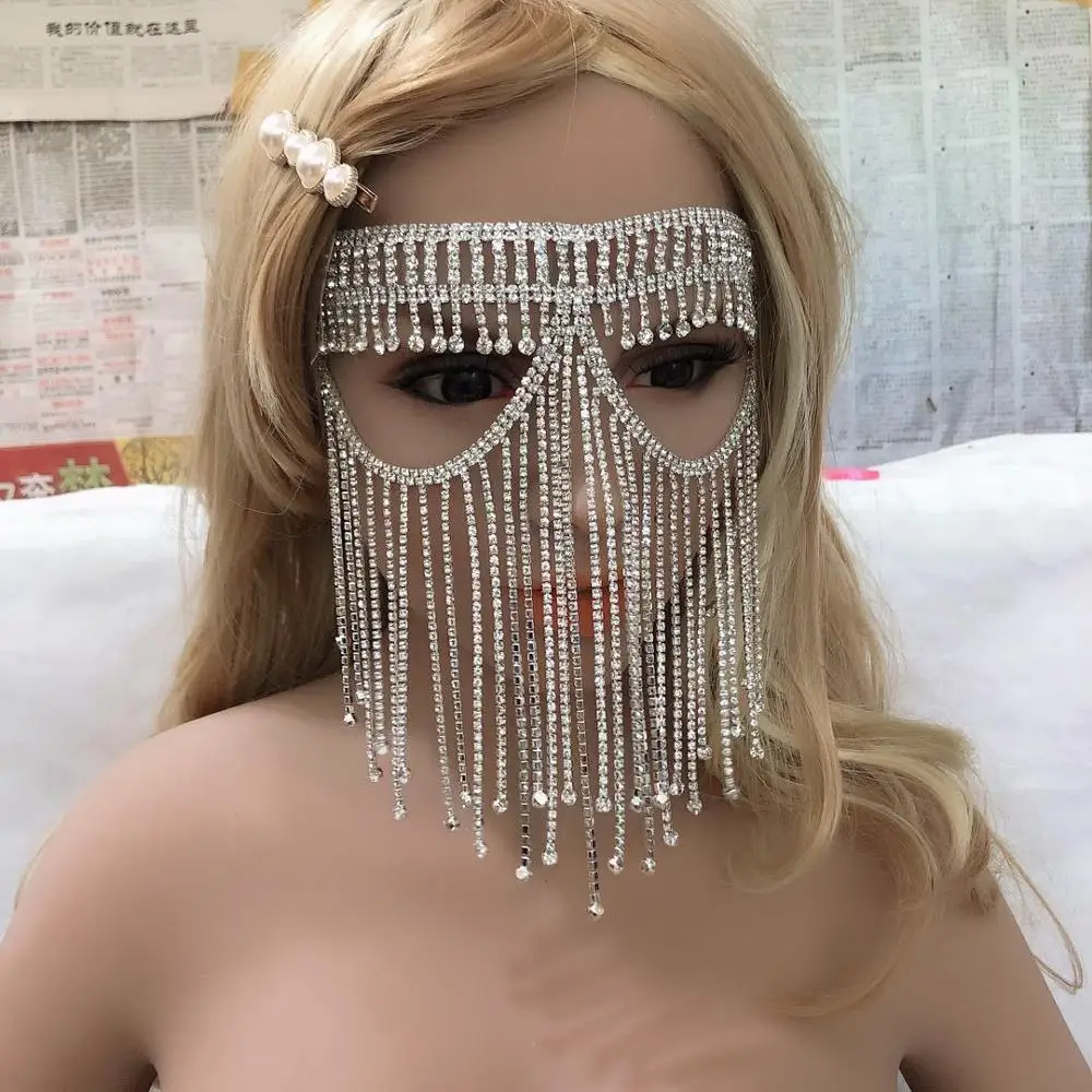 Fashion new hot selling women Rhinestone mask accessories Halloween electric syllable party jewelry headdress sexy tassel mask