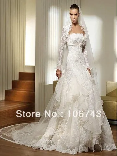 dress free shipping 2017 bridal lace bolero jacket custom lace white/ivory bolero long sleeve Layered ball gown wedding dress