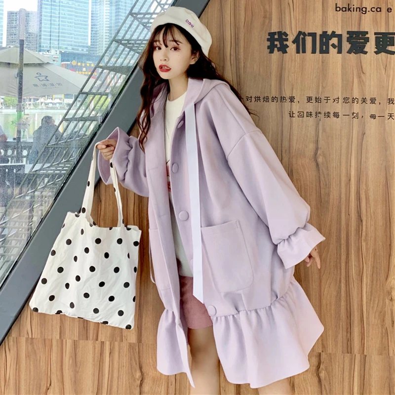 Sweet Woolen coat 2020 autumn and winter new popular Korean loose mid-length hooded ruffled woolen coat women