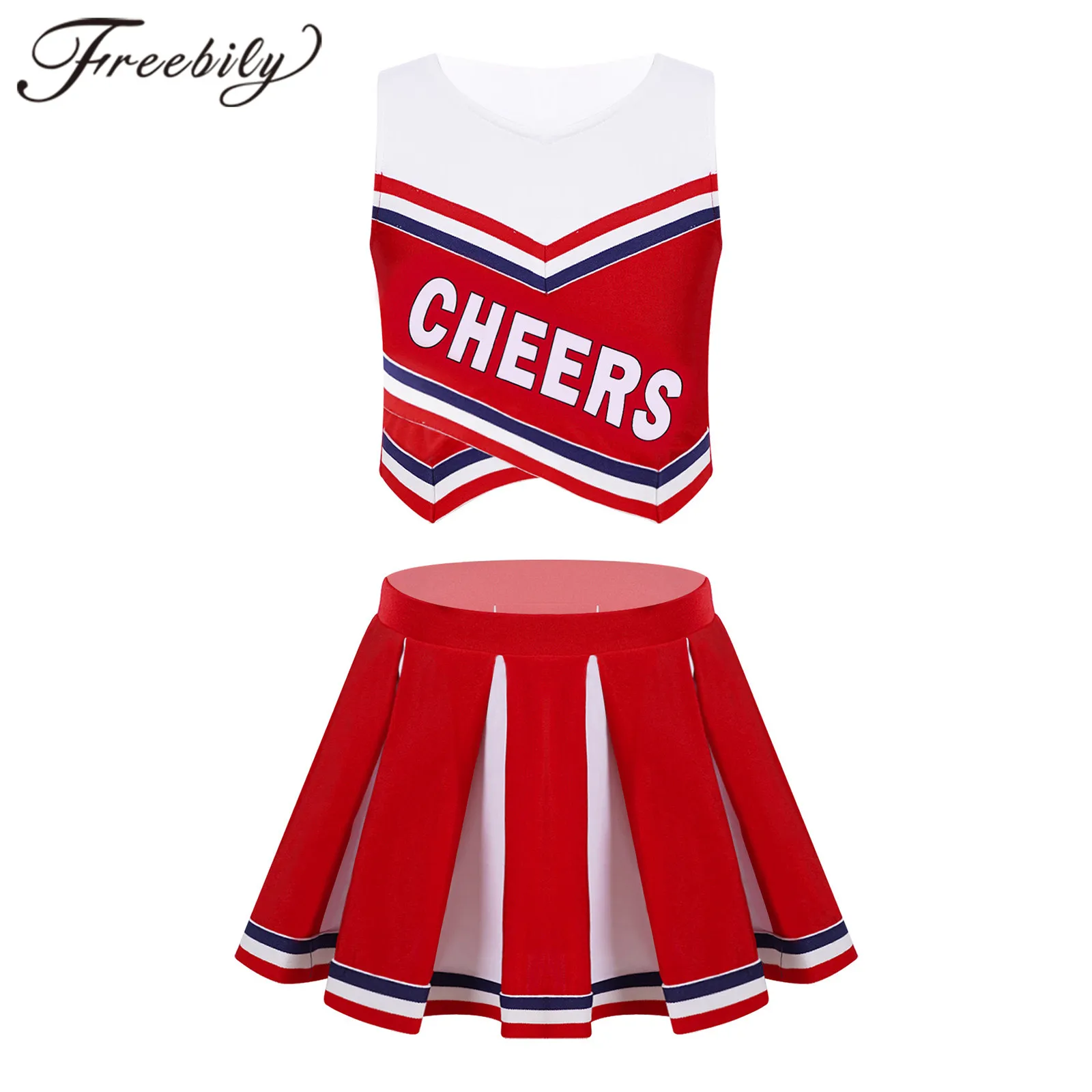 

Kids Girls Cheerleading Uniform Cheerleader Costume Dancewear Sleeveless Letters Cheers Print Vest and Pleated Skirt Set Outfit