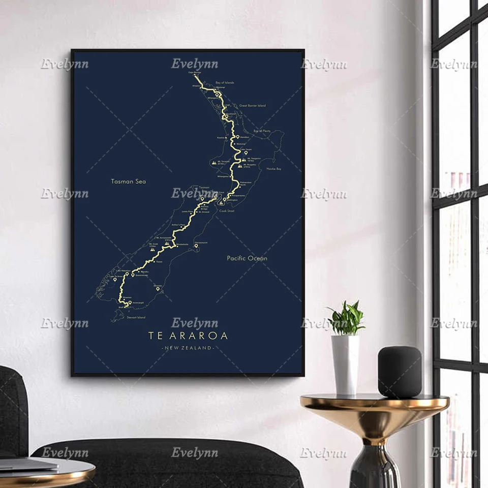 Te Araroa Poster | Te Araroa Track Map | New Zealand Trekking  | Hiking Wall Art | Modern Home Decor Prints Canvas Unique Gift