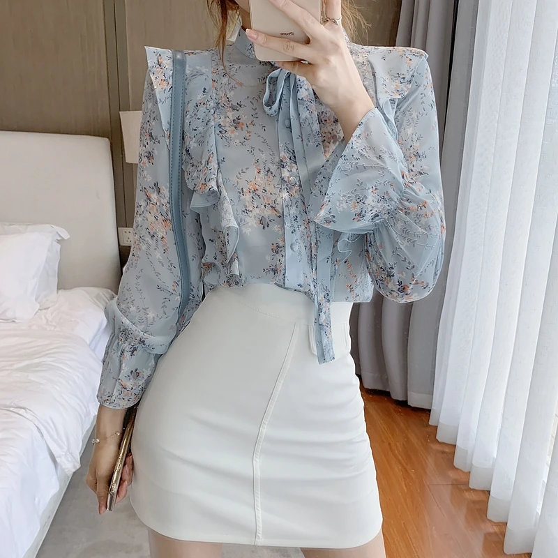 Autumn Long Sleeve Blouse Women Blusas Mujer De Moda 2024 Ruffles Blue Print Chiffon Blouse Shirt Tops Women Blouses Blusa D743