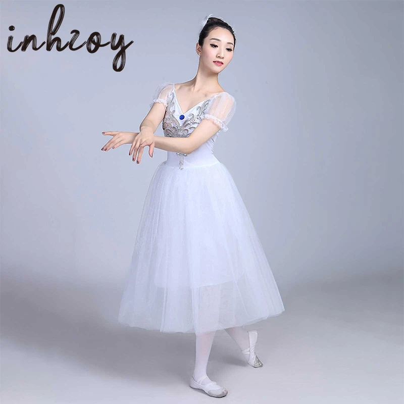 Women Puff Sleeve Pink/Blue/White Long Tutu Ballet Dress Adult Romantic Ballerina Ballroom Party Stage Performance Dance Costume